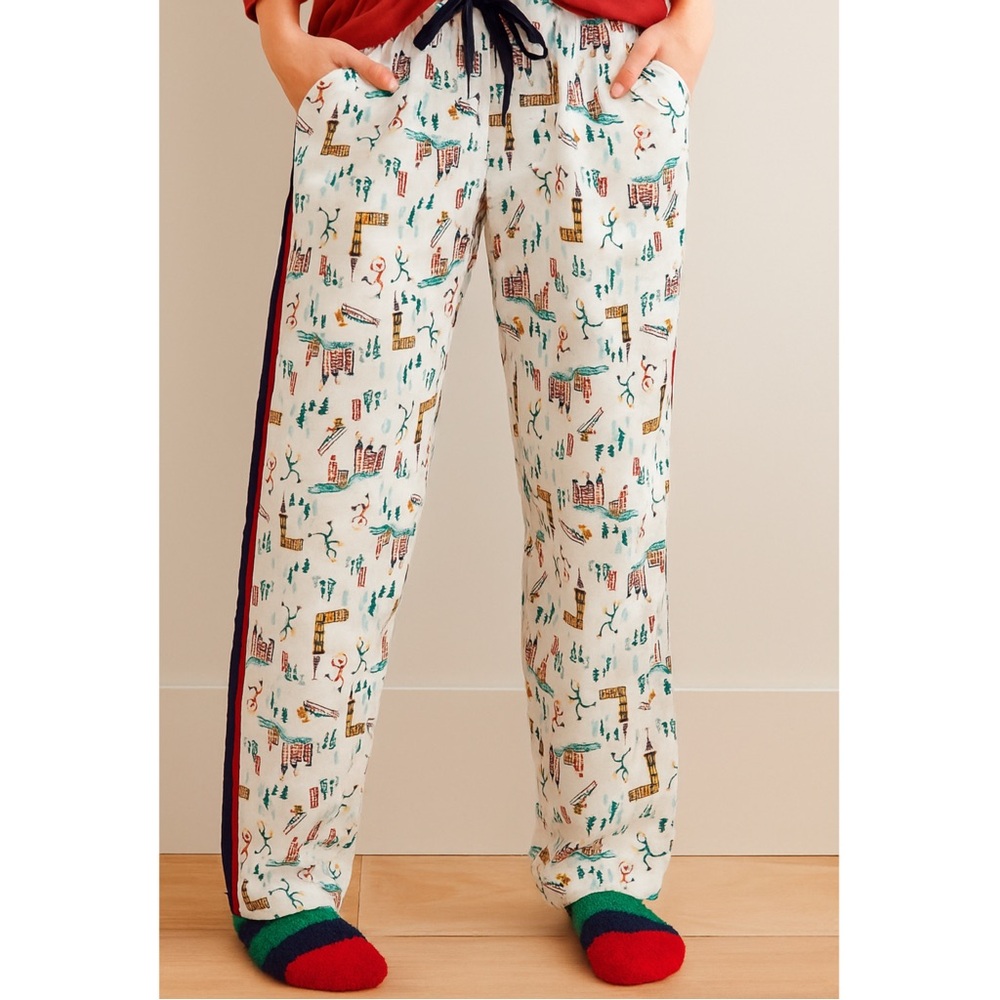 Aerie Christmas Pajama Pant Winter Village Skiers Ski Print Flannel